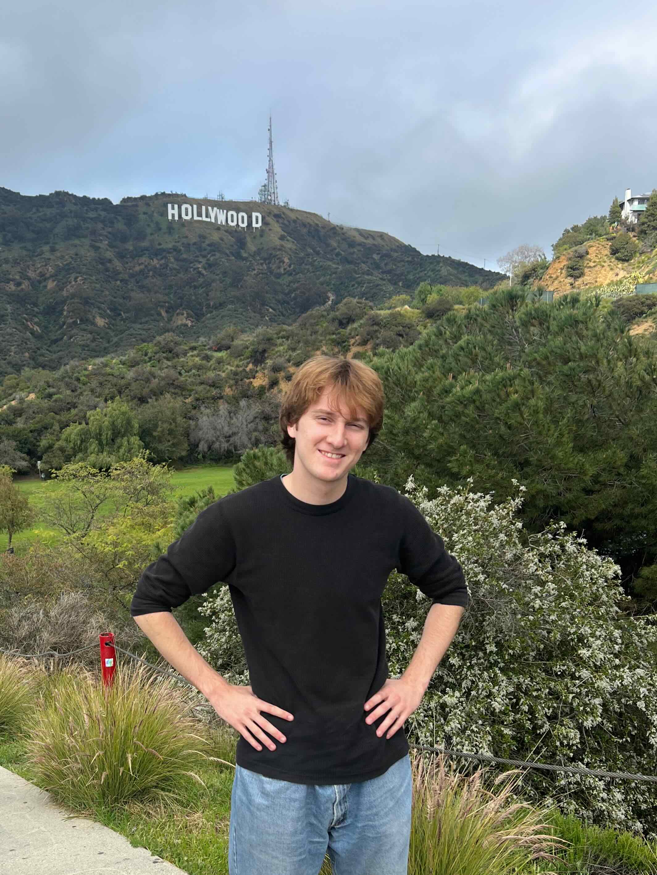 Myself, framed bottom right, standing with my arms on my sides. In the distance the Hollywood sign can be seen.